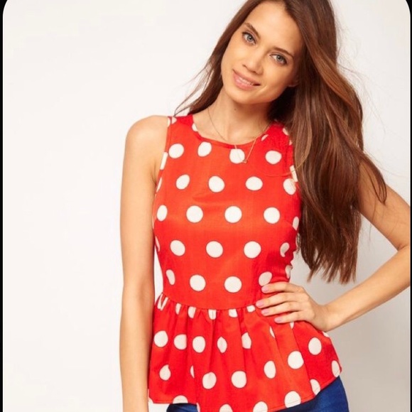 Asos red white polka dot print peplum tank top blouse flare sleeveless shell - Picture 3 of 5